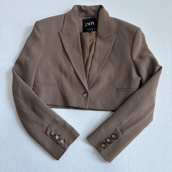 Zara Cropped Blazer Jacket Women's S Taupe Brown Lightweight Edgy Minimalist - Picture 2 of 8